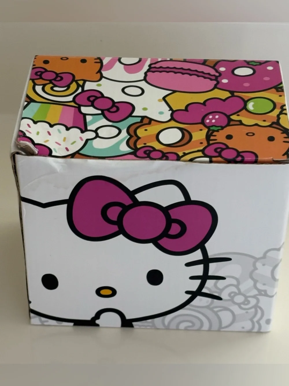 NIB Hello Kitty Cafe White Mug Pink Handle Gray Graphics Logo Box Artwork 12 oz